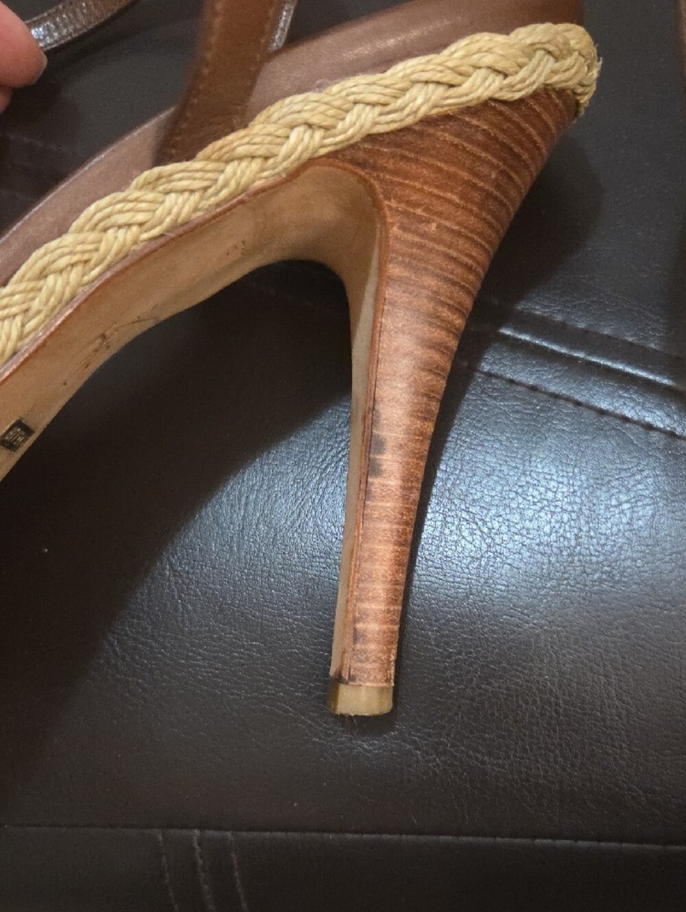 Cole Haan Vanessa Nike Air Brown Woven Leather Platform Heels Ankle Strap Sz 10 - Picture 5 of 13
